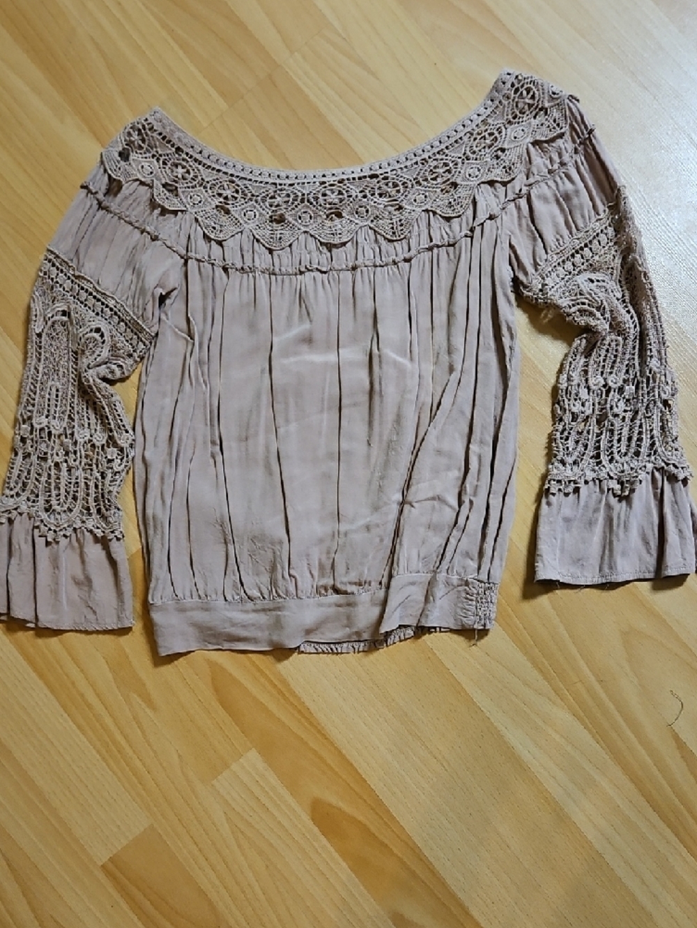 4/$10 Off-Shoulder Lace Trim Blouse - Mushroom Color